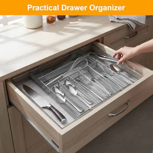1 Pcs Utensil Drawer Silverware Organizer, Metal Mesh Expandable 13" ~24" Kitchen Drawer Organizer, 7-9 Slots Cutlery Tray Dividers for Kitchen Flatware Christmas Housewarming Gift (Sliver) - color: Sliver