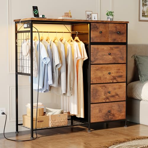DUMOS Dresser for Bedroom with Hanging Rack, 6 Drawer Fabric Dresser with Charging Station and LED Lights, Closet Organizer & Storage Tower for Living Room, Entryway, Apartment, Rustic Brown - color: Brown, size: 15.8"D x 47.2"W x 49.2"H (6 Drawers)