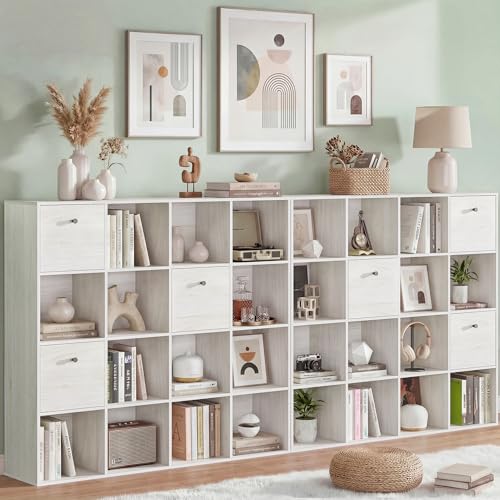 16 Cube Storage Organizer, Washed White Bookcase with 2 Fabric Drawers, Freestanding Book Shelf Set for Bedroom Living Room, Office Cubby Shelves, Display Rack with Open Shelves, 47” Wide Set of 2 - color: Washed White, size: 16 Cube (2PC)