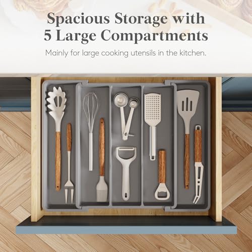 Lifewit Utensil Organizer for Kitchen Drawers, Expandable Cooking Utensil Tray, Adjustable Cutlery Silverware Flatware Holder, Plastic Spatula Tools Storage Divider, 11-18 x 14", Gray - color: Gray, size: Medium(11-18''W x 14''D)