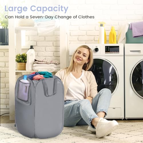 HOUSE AGAIN Upgraded Pop Up Hampers for Laundry, Collapsible Laundry Basket with Durable Handles & High Carbon Steel Frame, Wide Opening, Solid Bottom and Side Pocket for Clothes and Storage(Grey) - color: Grey, size: 1-Pack