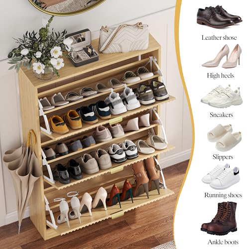 HUANLEGO Shoe Cabinet Storage for Entryway with 3 Flip Drawers, Oak Fluted Shoe Cabinet with Adjustable Shelves, Wooden Hidden Shoe Rack Freestanding Narrow Slim Shoes Storage for Hallway, Entrance - color: Oak, size: 3 Drawer