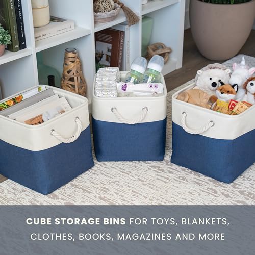 OrganiHaus 12x12 Cube Storage Bins 4 Pack, Foldable Cube Storage Organizer w/ Rope Handles, Collapsible Fabric Bins for Toys, Clothes & Closet Organization, Fabric Square Baskets - Navy Blue - color: Navy Blue Base / Off-White, size: 4 pcs (12x12)