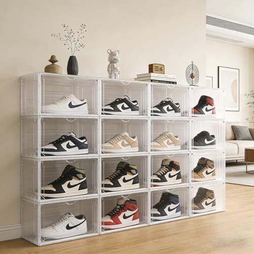 Upgraded X-Large Shoe Storage Boxes 12 Pack Clear Plastic with Magnetic Doors – Display Case Organizer & Sneaker Container Holds Size 12 Shoes, Easy Assembly Shoe Rack Holder - color: 12P