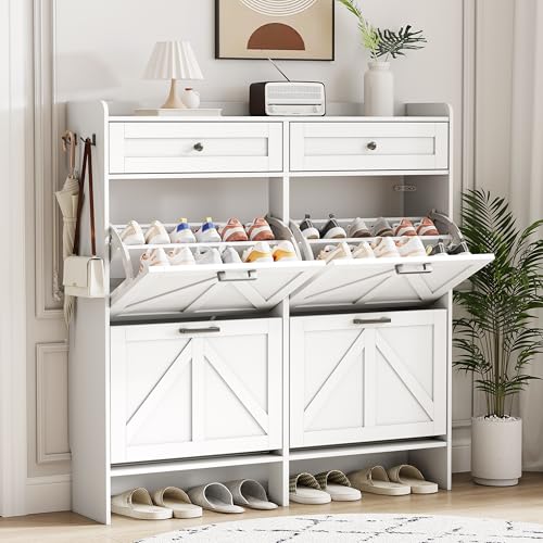 Shoe Cabinet with 4 Flip Drawers & 2 Top Drawers, 43" Tall Freestanding Shoe Storage Organizer for Entryway, Wooden Narrow Hidden Slim Shoe Rack for Front Door Entrance, Hallway, Living Room, White - color: White, size: 4 Flip Drawers