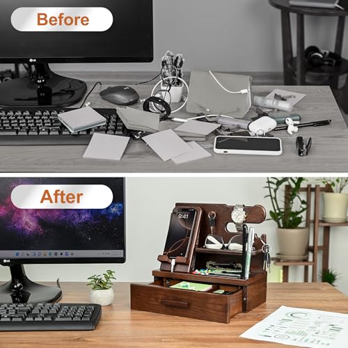 TESLYAR Wood Phone Docking Station with Drawer - Nightstand Organizer - Desk Organizer for Husband - Birthday Gifts for Men, Dad, Anniversary, Key Holder Stand Watch, Accessories (Chocolate Brown) - color: Chocolate Brown