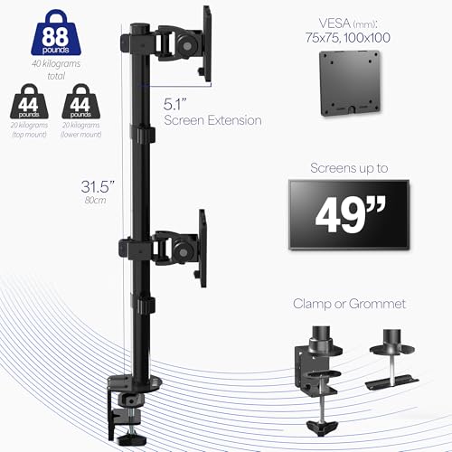 VIVO Dual Vertically Stacked Ultra-Wide Monitor Desk Mount for up to 49 inch Ultrawide Screens, Extra Tall Heavy Duty Adjustable Stand Holds 44 lbs Per Screen, Black, STAND-V202R - color: Black, size: up to 49" screens
