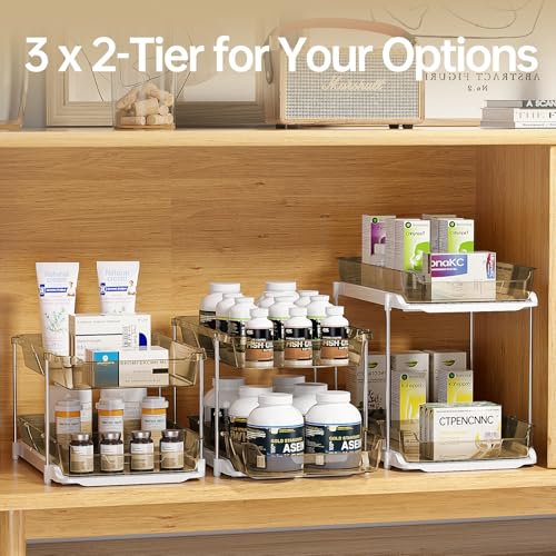 Delamu 2 Pack 3-Tier Bathroom Under Sink Organizers and Storage, Multi-Purpose Stackable Pantry Organization and Storage, Pull Out Clear Kitchen Bathroom Cabinet Organizer with Movable Dividers, Amber - color: Amber, size: 2 Pack 3-Tier