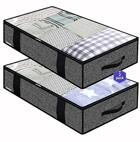 Onlyeasy Foldable Underbed Bags - 2 Pack Blankets Clothes Comforters Storage Bag Breathable Zippered Organizer for Bedroom with Clear Window and 4 Handles, 100 x50 x15cm, Linen-Like Black, MXAUBBP2 - color: Basic Soft Side Wall - Linen Like Black