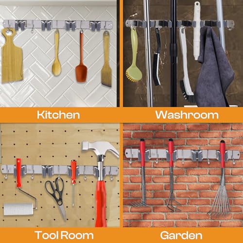 Heavy-Duty Stainless-Steel Broom Holder Wall Mount with 4 Racks and 5 Hooks | Rust Resistant Mop and Broom Hanger | Adjustable, Garage & Garden Tool Organizer | Silver Color - size: 4 Racks & 5 Hooks
