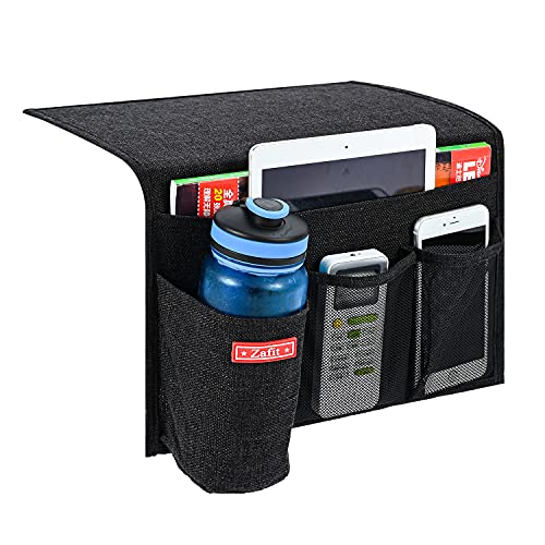 Zafit Linen 4 Pockets Bedside Caddy, Bedside Storage Organizer with Water Bottle Holder for Magazine, Remotes, Phone (Black) - color: Black, size: 4 Pockets