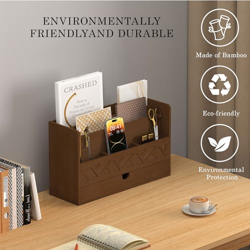 Bamboo Mail Organizer Countertop Desktop With Drawer - All-in-One Desk File Organizer for Office Supplies Storage With Pencil Holder (Walnut) - color: Walnut