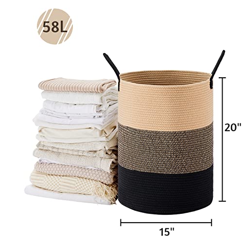 VIPOSCO Large Laundry Hamper, Tall Woven Rope Storage Basket for Blanket, Toys, Dirty Clothes in Living Room, Bathroom, Bedroom - 58L Brown & Black - color: Brown & Black, size: 58L