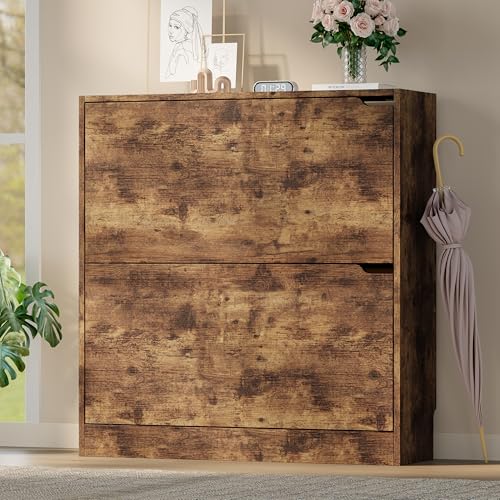 BORNOON Shoe Cabinet with 2 Flip Drawers, Slim Narrow Shoe Storage Cabinet, Freestanding Shoe Organizer with Adjustable & Removable Shelves, Top Display Shelf for Entryway, Hallway, Foyer, Closet - color: Brown, size: 2-Drawer