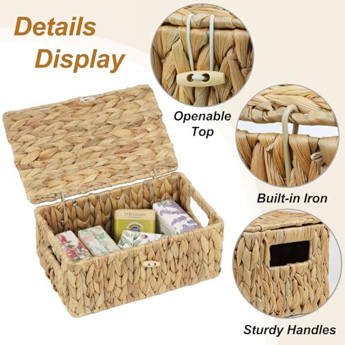 Small Wicker Basket with Lid, Natural Water Hyacinth Storage Baskets for Organizing, Rectangular Woven Basket for Storage, Decorative Boxes Bins with Lids and Built-in Handles (10.2" x 6.3" x 3.9") - size: 10.2" x 6.3" x 4"