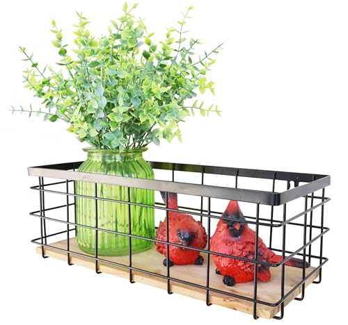 ShabbyDecor Metal Wire Basket Detachable Wood Base Storage Organizer Farmhouse Hanging Basket for Kitchen Cabinets, Bathroom, Pantry, Laundry Room,1 Pack in Black Color,Size Big - color: Black, size: Large