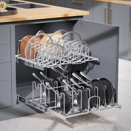 2-Tier Kitchen Pull out Cabinet Organizer for Pots, Pans, and Lid Cookware, Adjustable Heavy Duty Wire Pan and Pot Rack, Full-Extension Rail 12" W *22" D - size: 12W*22D