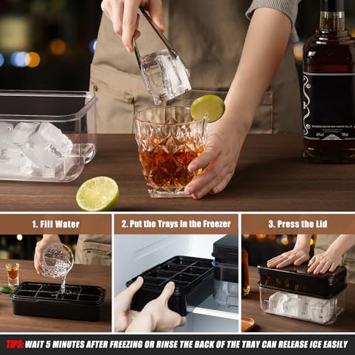 PHINOX Large Ice Cube Tray with Lid and Bin, Ice Trays for Freezer, 2 INCH Whiskey Ice Cubes Mold, 2*8 pcs Square Ice Cube Mold with Tong, Easy to Release, Large Ice Tray for Whiskey Cocktail Bourbon - color: Black, size: 2.0"-2tier