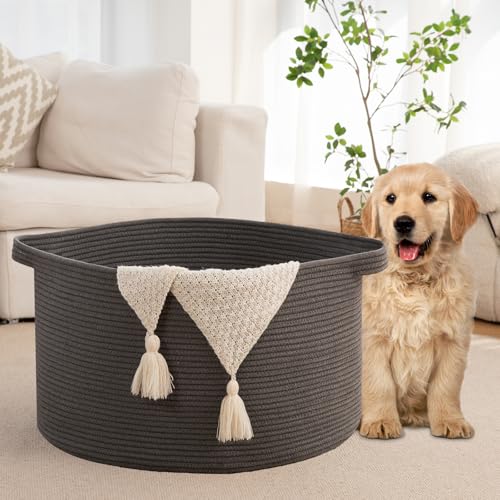 OIAHOMY 105L Blanket Basket for Living Room, Large Basket 23.6" x 23.6" x 14.6" with Handle, Laundry Hamper for Blankets, Pillows, Toy Storage for Kids, Dogs - Grey - color: Grey, size: 23.6" x 23.6" x 14.6"