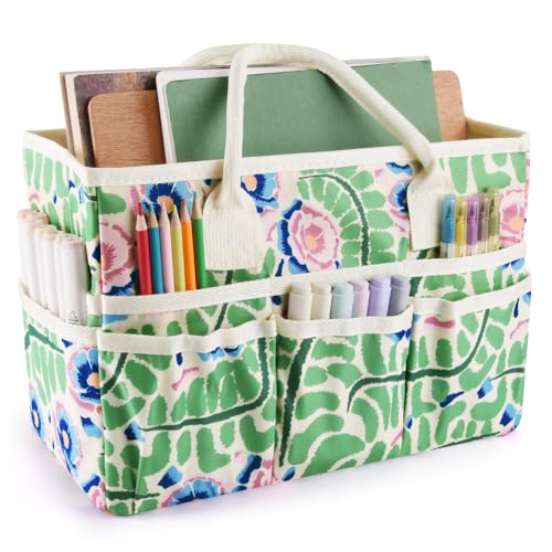 E-WEICHEN Craft Organizer Tote Bag Art Storage Caddy with Multiple Pockets Containers for Art,Craft,and Office Supplies Storage.Green Leaves Flower - color: Green Leaves Flower