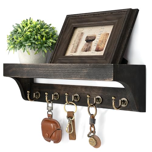 Rebee Vision Key Holder Wall Mount with Shelf – Rustic Key Holder for Wall with 5 Hooks for Keys & Leashes – Stylish Entryway Organizer for Home & Apartment (Distressed Black) - color: Distressed Black