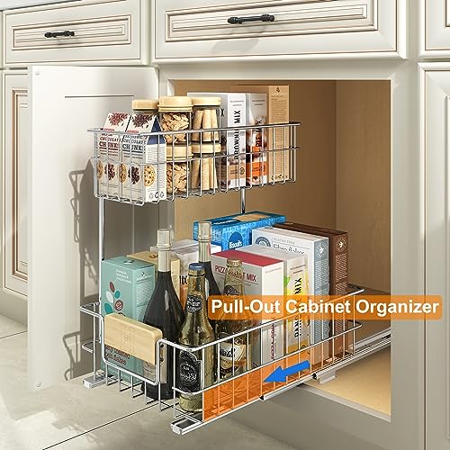 ROOMTEC Pull Out Cabinet Organizer Under Sink Slide Out Storage Shelf with 2 Tier Sliding Wire Drawer, Sliding Storage for Inside Kitchen Cabinet- 11½ in. W x 17¾ in. D (Left) - color: 11.5"W*18"D(Wood Handle-Left)
