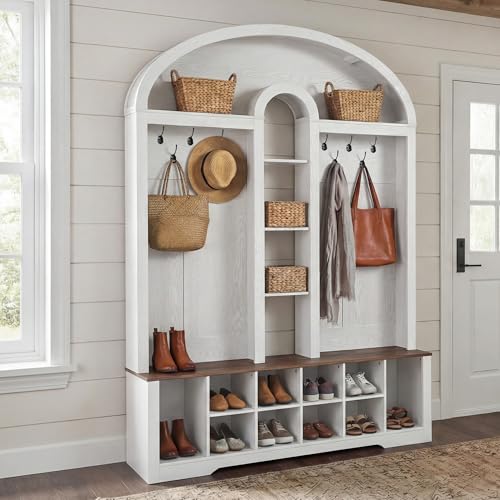 DWVO 59" W Hall Tree with Shoe Storage, Arched Entryway Bench with Coat Rack, 10 Shoe Cubbies Shelves & 10 Coat Hooks, Shoe Storage Bench for Entryway Hallway,White