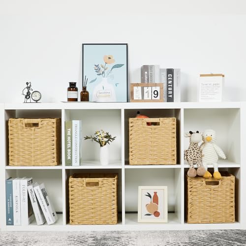 DULLEMELO Wicker Storage Baskets with Handles, Foldable Storage Cubes Set of 2 Plastic Wicker Baskets for Organizing Shelves,11 Inch Cube Baskets, Natural - color: Natural, size: 11in-2 pack