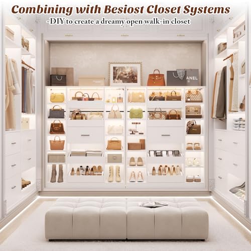 Besiost 40" Closet System with LED Lights, Wooden Closet Organizer System with Drawers & Shelves, Versatile Closet Storage Tower for Walk-in Closets, Shoe Rack and Handbag Storage Cabinet, White - color: White