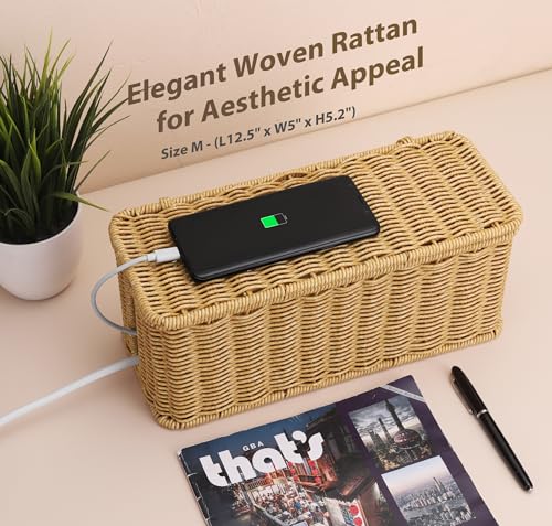 Handmade Cable Management Box, Imitation Rattan Cord Organizer Cord Hider Box, Desk Cord Management Box to Hide Cords and Power Strip L12.5 W5 H5.2 CB2412 Black - color: Black, size: 1 Pack (M)