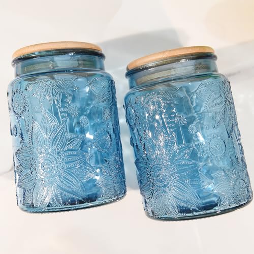 Custde Glass Storage Jars With Airtight Lid, 23.7oz Canister For Kitchen Counter with Bamboo Lid, brown sugar, candy, coffee, cookie, salt, tea,pantry cute Jar (Blue 2-Pack, 23.7 fl oz) - color: Blue 2-Pack, size: 23.7 fl oz