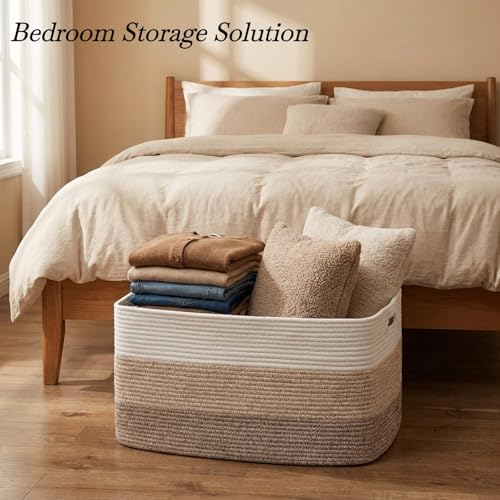 Optish 75L Large Blanket Basket, Woven Storage Baskets with Reinforced Handles, Rope Laundry Basket for Living Room, Bedroom, Nursery, Toys, Clothes, Pillows, 22” x 17” x 11.5”, White & Brown - color: White & Mix Brown, size: 22" x 17" x 11.5"(75L)