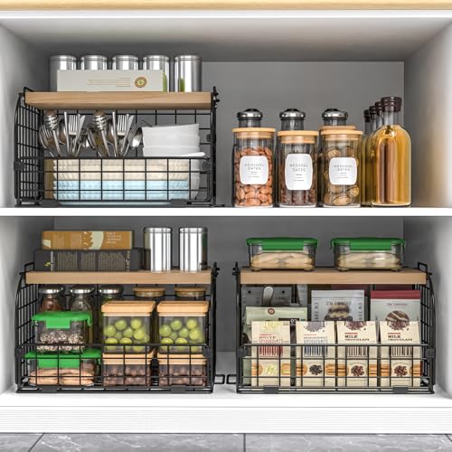 2 Set Stackable Wire Basket with Openable Top, Kitchen Counter, Pantry Organizer and Storage Produce Onion Potato Fruits Vegs Bread Food Snack Spice Organizing Bin for Cabinet Shelf Countertop Floor