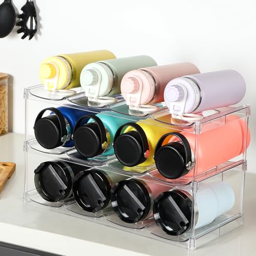 LARGER Compartment - 3 Tier Stackable Water Bottle Organizer Holder - for Stanley 40oz & Others' Large Tumbler - Clear Wine Rack, 12 Cup Bottle Holder for Cabinet Home Countertop Fridge Pantry Shelf - color: Clear, size: 3 Tier - Hold 12