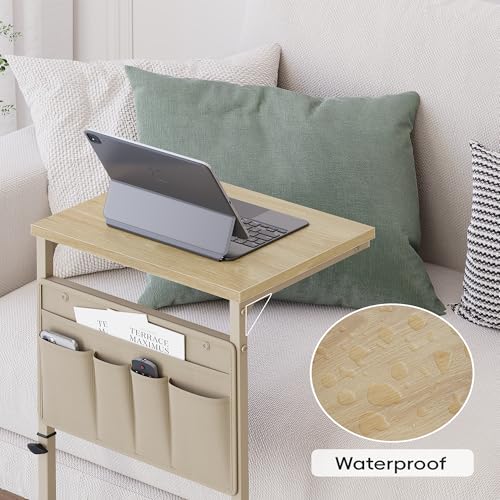 Vagusicc C Shaped End Table, 32'' Tall Side Table for Couch, Adjustable Height Small Couch Side Table for Small Spaces, End Table Slide Under Sofa Table TV Tray Table Arm Table for Living Room - color: Natural