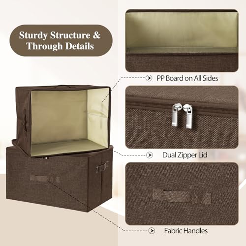 ANMINY 3PCS Storage Bins with Zipper Lids 13 Qt Lidded Fabric Storage Boxes Baskets Cubes with Handles Collapsible Washable Cotton Linen Closet Shelf Clothes Organizer Containers - Coffee, Small - color: Coffee, size: Small (Pack of 3)