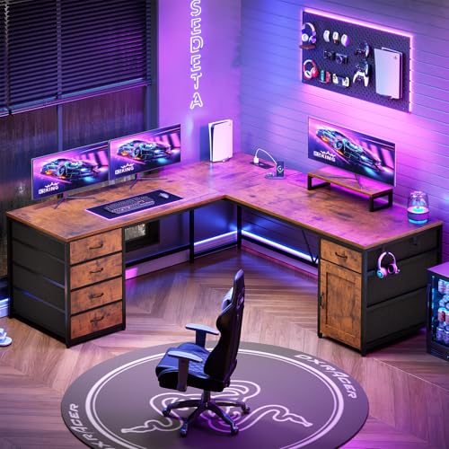 SEDETA L Shaped Desk, 63'' Corner Desk with 5 Drawer & Power Outlet, Larger Home Office Desk or Gaming Desk, L Shaped Corner Desk with Monitor Shelf, Storage Cabinet, Rustic Brown - color: Rustic Brown