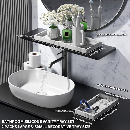 BBK Bathroom Vanity Tray - 2 Pack (7.8" and 11.8") Silicone Bathroom Trays for Counter, Perfume Key Trinket Ring Tray, Decor Soap Dispenser Countertop Tray for Kitchen Sink Organization (Marble Gray) - color: *Marble Gray (Small & Large)
