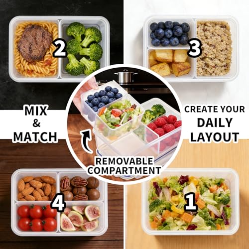 KIGI Meal Prep Containers for Adult Lunch & Snacks, Leak-Proof, BPA-free Plastic, Removable Divided Inserts, Airtight lids, 3 Compartment Food Storage, Microwave Safe, Bento Box, 4.7 Cup, 12 Piece Set - size: 4.7 cup (12-Piece)