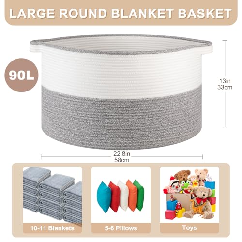 OIASKET Large Blanket Basket with Handles, 22.8" x 22.8" x 13" Woven Storage Basket for Living Room, Cotton Rope Baby Toy Storage for Clothes, Pillows, Towels-Grey and White - color: Grey & White, size: 90L