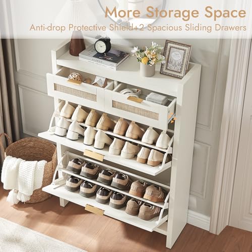 HOKYHOKY Rattan Shoe Storage Cabinet with 2 Drawers & 2 Flip Drawers – Hidden Slim Shoe Organizer for Entryway, Large Tabletop Space, Farmhouse Boho Narrow Shoe Rack, Rustic White - color: Rustic White, size: 2 Flips
