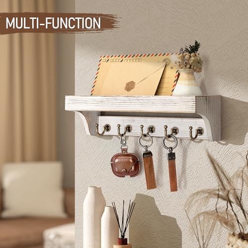 Rebee Vision Pine Wood Key Holder Wall Mount with Shelf for Farmhouse Decor - Rustic Wall Mail Organizer Wall Mounted for Living Room Decor - Perfect Mail Organizer for Home Improvement (Whitewash) - color: Whitewash