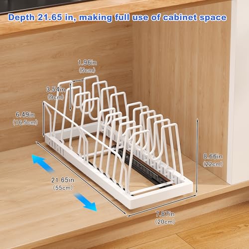 Mustorn Pots and Pans Organizer Under Cabinet, 21.6" Deep Pull Out Pot Lid Organizer Holder with Guardrail Adhesive Pot and Pan Holder Rack with 10 Adjustable Dividers-1 Pack(White) - color: White, size: 1 Pack