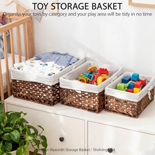 Water Hyacinth Storage Baskets Set of 3 with Metal Frame & Removable Liner, Large Medium Small Rectangular Woven Organizer Bins for Closet, Bedroom, Bathroom, Kitchen, Home Organization - size: Set of 3