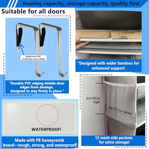 over the door organizer, Solid Bamboo Board (Not Plastic!) 6-Tier Heavy Duty 75LB, 12 Side Pockets, 3 Reinforced Hooks & Anti-Slip Pads, Waterproof & Washable, No Sagging, No Door Damage,Grey - color: over door organizer-Grey