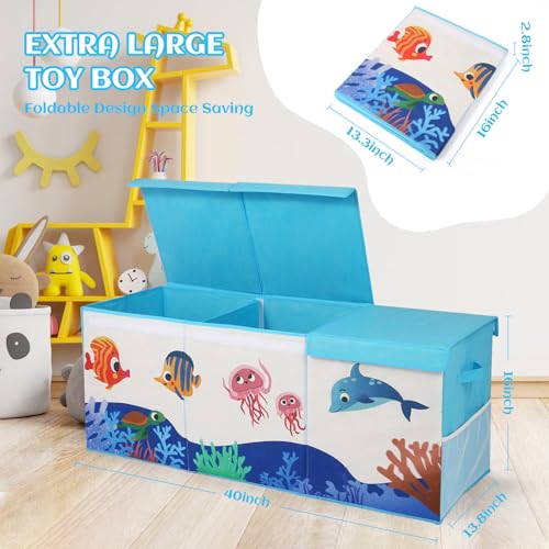 Extra Large Toy Box, Collapsible Storage Organizer with Lids, Sturdy Ocean Toy Chest for Boys Girls, 40"x14"x16" Kids Storage Bin Box Baskets for Living Room, Playroom, Bedroom, Nursery - color: Blue