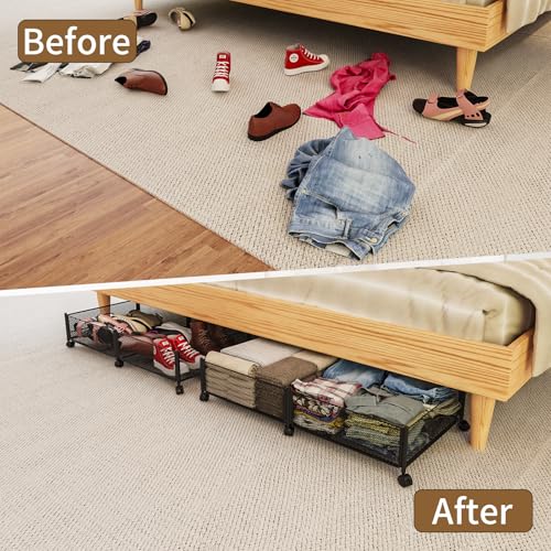 Under Bed Storage on Wheels, Upgraded 31.5 inch Large Rolling Under Bed Storage, Metal Foldable Underbed Drawers Organizer Tool-free Assembly Underbed Shoes Clothes Organize - size: 1 Pack (31.5×15.7")