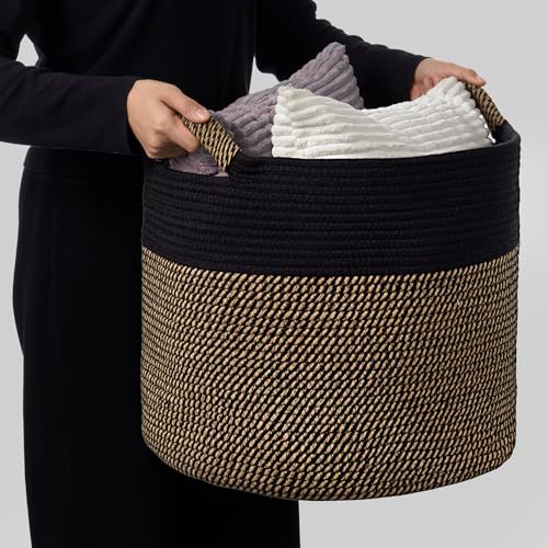 Blanket Basket - Woven Round Rope Storage Basket (16"Wx14"H) for Blankets & Throws, Small Laundry & Toy Organizer, Decorative Living Room & Bedroom Cotton Basket - Black & Jute - color: Black & Jute, size: Regular-16"Wx14"H
