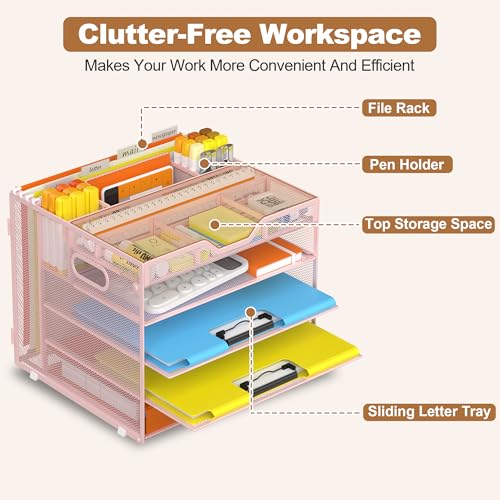 Docnest 5 Tier Letter Tray with Hanging File Organizer-Mesh Desk Organizer-Desktop Storage Box Built in Pen Holder and Handles, File Folder Holder for Mail Documents Office Supplies-Pink - color: 5 Tier Hanging File Organizer-pink