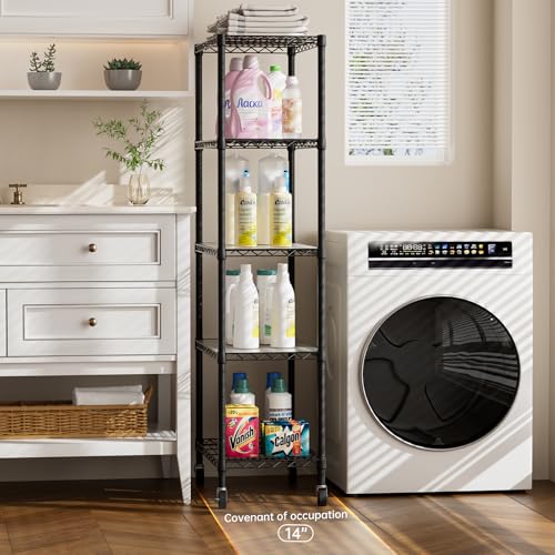 Golpart 5 Tier Shelves Storage Shelf Wire Closet Bathroom Organizers Metal Pantry Kitchen Garage Shelving Unit Laundry Room Organization Home Rack Net Basket Black with Wheels 14”D X 24”W X 61”H - color: Black, size: 5 shelves (14 "D X 24 "W X 61 "H)